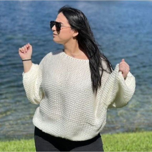 Women's Plus Size Oversized Open Knit Round Neck Sweater Balloon Sleeve Ivory 1X - Picture 1 of 12